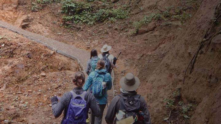 Students and faculty hiking across a terrain on a study abroad trip